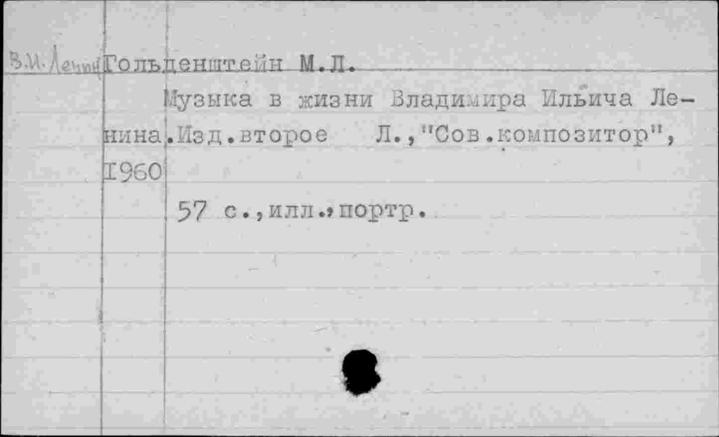 ﻿	Гольденште^н М. Л.-	 		
	Музыка в жизни Владимира Ильича Ленина'. Изд.второе Л.,"Сов.композитор",	
	1960	
		57 с. ,илл.>портр.
		
!		
		• —
		
		